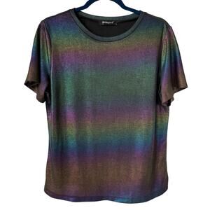 Metallic Shimmer Rainbow Top Women Large Sheer Festival Rave Club EDC Party READ